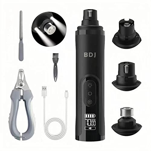 BDJ Dog Nail Grinder with 2 LED Lights Upgraded 3-Speed Electric Recharge, Quiet Pet Nail Trimmer with Clippers & Files 3 Ports for Large Medium Small Dog Cat Pet with Hard or Thick Nail