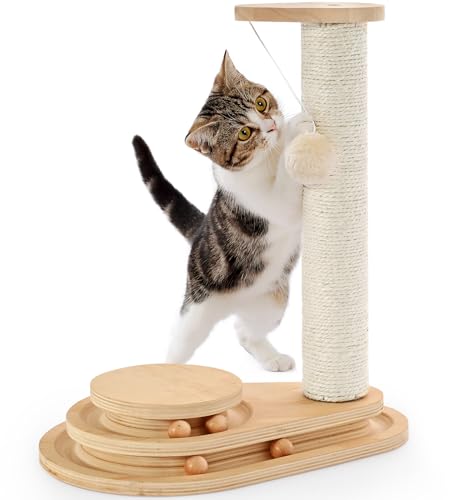 Made4Pets Cat Scratching Post Cat Scratcher Kitten Toys for Indoor Cats Wooden Ball Track Two-Layer Modern Sisal 17.7' Tall Scratch Post Interactive Toy with Dangling Ball