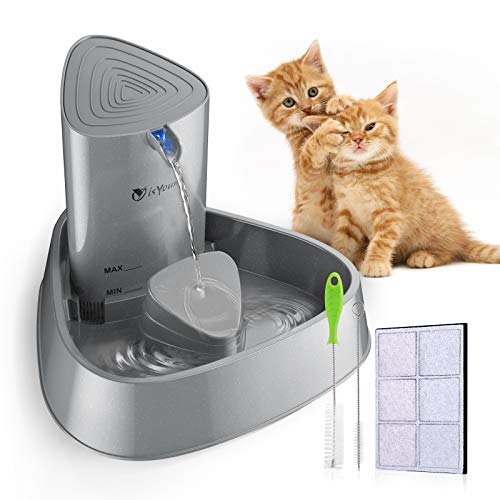 isYoung Cat Fountain, LED Pet Water Fountain Ultra Quiet Automatic Pet Water Dispenser with Adjustable Water Flow and Activated Carbon Filter for Dogs, Cats, Birds and Small Animals (1.5L, Grey)