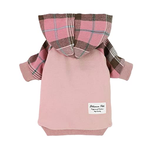 Fitwarm 100% Cotton Girl Plaid Dog Clothes Lightweight Puppy Hoodie Pet Sweatshirt Doggie Hooded Outfits Cat Apparel Pink Small