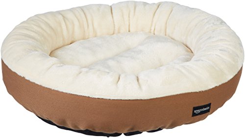 Amazon Basics Round Bolster Pet Bed for Dog or Cat with Flannel Top, 20.0' L x 20.0' W x 8.0' Th, Brown and Ivory
