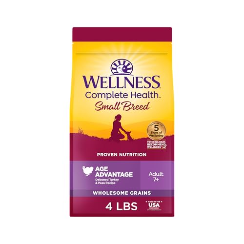 Wellness Complete Health Senior Dry Dog Food, Small Breed, Wholesome Grains, Natural, Age Advantage Turkey & Peas Recipe, (4-Pound Bag)