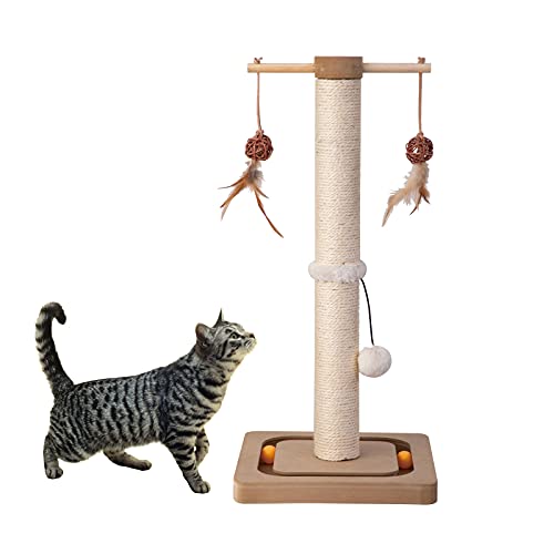 PEEKAB Cat Scratching Post Premium Sisal Scratch Posts with Tracking Interactive Toys Vertical Scratcher for Indoor Cats and Kittens- 25 inches Beige