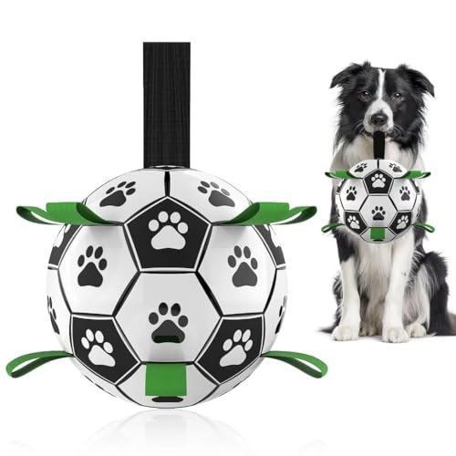 QDAN Dog Toys Balls, Dog Soccer Ball with Straps, Dog Birthday Gifts, Herding Ball, Durable Dogs Balls for Small Medium Pet, Puppy Outdoor Water Toy, World Cup Soccer (6 Inch)