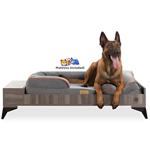 TailZzz Wooden Dog Bed with Mattress, Large to Extra Large Water-Resistant Elevated Pet Bed, Wooden Pet Bed with Storage, Greenguard Gold Certified, Machine Washable, Smokey Grey, Wyatt