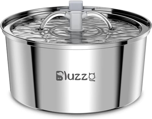 BLUZZO Cat Water Fountain Stainless Steel with Filter, 3.2L/108Oz Large Capacity Automatic Pet Water Fountain, Cat Dog Water Dispenser with Ultra-Quiet Pump for Multiple Pets, Dishwasher Safe