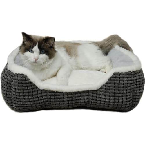 Dog Beds for Small Dogs, Cute Cat Beds for Indoor Cats, Super Soft Washable Cat Bed with Anti-Slip & Water-Resistant Bottom, Luxury Durable Kitten Bed and Puppy Bed, Square Grey Animal Pet Beds