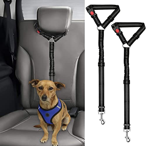 BWOGUE 2 Packs Dog Cat Safety Seat Belt Strap Car Headrest Restraint Adjustable Nylon Fabric Dog Restraints Vehicle Seatbelts Harness Black Elastic Bungee