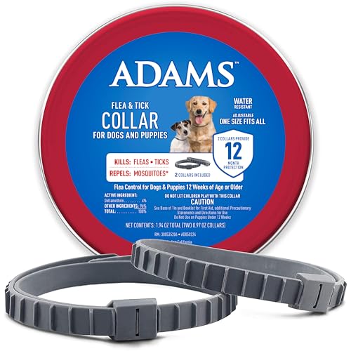 Adams Flea & Tick Collar for Dogs & Puppies ; 2 Pack ; 12 Months Protection ; Adjustable One Size Collar Fits All Dogs 12 Weeks & Older ; Kills Fleas & Ticks ; Repels Mosquitoes (Excluding California)