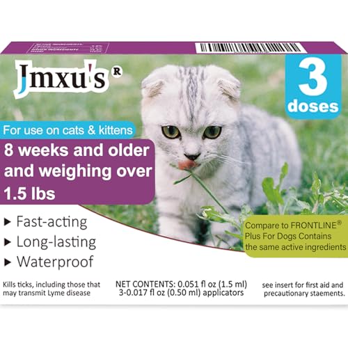 Flea and Tick Prevention for Cats, Cat Flea & Tick Control with Fipronil, Long-Lasting & Fast-Acting Topical Flea & Tick Treatment Drops for Kitten, 3 Doses