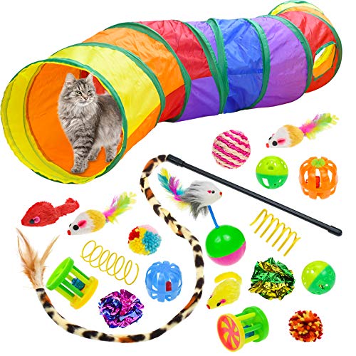 Malier Cat Toys Kitten Toys Set, Collapsible Cat Tunnels for Indoor Cats, Interactive Cat Feather Toy Fluffy Mouse Crinkle Balls Toys for Cat Puppy Kitty Kitten Rabbit (A-Rainbow)