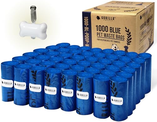 GORILLA SUPPLY 1000 Dog Poop Waste Bags with Dispenser and Leash Tie, 9' x 13', Blue, 1000 Count