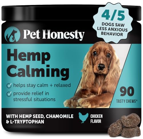 Natural Hemp Calming Chews for Dogs - Dog Anxiety Relief - Calming Aid Supplement with Valerian Root, Chamomile, + Magnesium - Stress, Separation & Thunder Support - (Chicken, 90 Count)