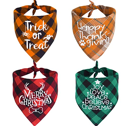 ADOGGYGO 4 Pack Plaid Holiday Dog Bandana, Halloween Thanksgivng Christmas Bandana Scarf Kerchief Christmas Thanksgivng Halloween Bandana for Small Medium Large Dogs (Large)