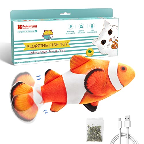 Potaroma Cat Toys Flopping Fish with SilverVine and Catnip, Moving Kitten Kicker, Floppy Wiggle Clownfish for Small Dogs, Motion Kitty Interactive Exercise, 10.5 Inches