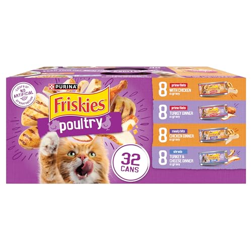 Purina Friskies Gravy Wet Cat Food Variety Pack, Poultry Shreds, Meaty Bits and Prime Filets - (Pack of 32) 5.5 oz. Cans