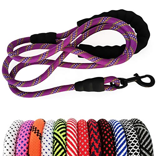 MayPaw Heavy Duty Rope Dog Leash, 3/4/5/6/7/8/10/12/15 FT Nylon Pet Training Leash, Soft Padded Handle Thick Lead Leash for Large Medium Dogs (1/2' 6', Purple)