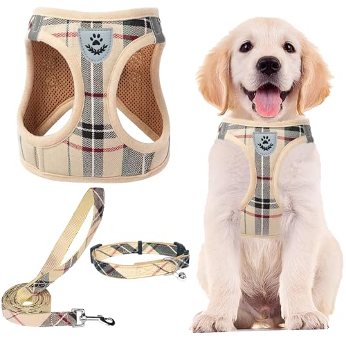 PUPTECK Adjustable Dog Harness Collar and Leash Set Step in No Pull Pet Harness for Small Medium Dogs Puppy and Cats Outdoor Walking Running, Soft Mesh Padded Reflective Vest Harnesses, Beige S