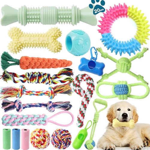 Puppy Toys 20 Pack, Puppy Chew Toys for Teething, Pet Dog Toothbrush Chew Toys for Puppy, Indestructible Pet Interactive Tug of War Squeaky Rope Toys for Puppies Small Medium Breed Chewers