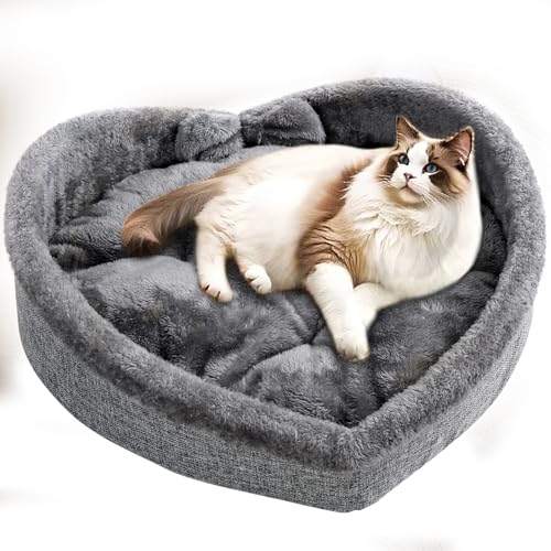 Heart Cat Pet Bed for Cats or Small Dogs, Ultra Soft Short Plush, Anti-Slip Bottom, Washable High Resilience PP Cotton, Comfortable Self Warming Autumn Winter Indoor Sleeping Cozy Kitty Teddy