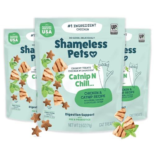 Shameless Pets Crunchy Cat Treats - Catnip Treats for Cats with Digestive Support, Natural Ingredients Kitten Treats with Real Chicken, Healthy Flavored Feline Snacks - Catnip N Chill, 3-Pk