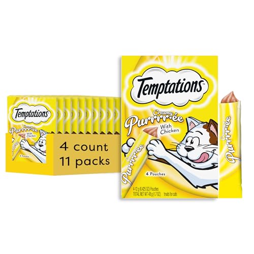 Temptations Creamy Puree with Chicken Lickable, Squeezable Cat Treats, 0.42 Oz Pouches, 4 Count (Pack of 11) - Total 44 Count