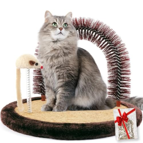 Happi N Pets Original Cat Self Groomer, Arch Grooming Brush wtih Heavy Wooden Scratching Pad, Rubbing Post & Toy, Cat Face Scratchers Body Massager, Cat Scratchers for Indoor Cats, Brown