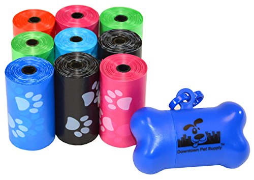 Downtown Pet Supply Poop Bags for Dogs with Dispenser, 180 Count - Leak-Proof Dog Waste Bags and Bone-Shaped Dog Poop Bags Holder for Leash - Rainbow with Paw Prints, 12.5' x 8.5'