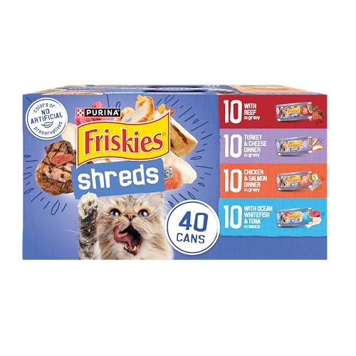 Purina Friskies Wet Cat Food Variety Pack, Shreds With Beef, Turkey and Cheese Dinner, Chicken and Salmon Dinner, and With Ocean Whitefish and Tuna - (Pack of 40) 5.5 oz. Cans