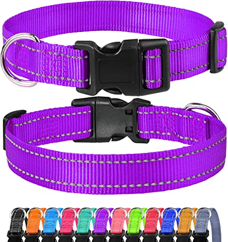 FunTags Reflective Dog Collar, Sturdy Nylon Collars for Small Girl and Boy Dogs, Adjustable Dog Collar with Quick Release Buckle, Purple