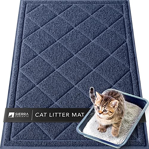 Sierra Concepts Large Cat Litter Mat 36'x24' - Litterbox Kitty Box Pet Food Bowl Trapping Dirt, Soft Paws Feeding Accessories, Waterproof, Anti Slip, Floor Mats Low Profile Heavy Duty, Blue